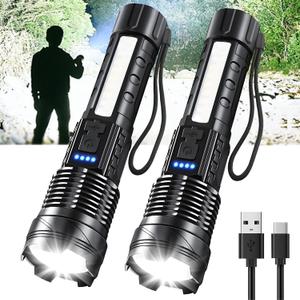 Rechargeable LED Flashlights, 90,000 Lumens Super Bright Handheld FlashLight, 7 Modes with COB Work Light, IPX6 Waterproof, Adjustable Tactical Flash light for Home,Camping and Emergencies-2 Pack, Black 