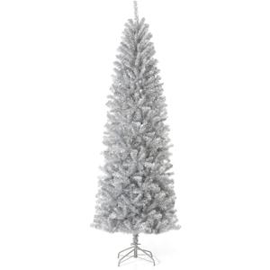 Glitzhome 7.5ft Silve Pencil Tinsel Artificial Christmas Tree, Holiday Hinged Fir Christmas Tree with 1188 Branch Tips and Metal Foldable Stand for Home Office Party Holiday Decoration