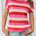 Saodimallsu Womens Striped Short Sleeve Tops Summer Casual Color Block Crew Neck Lightweight Loose Knit Shirts (Small, Black)