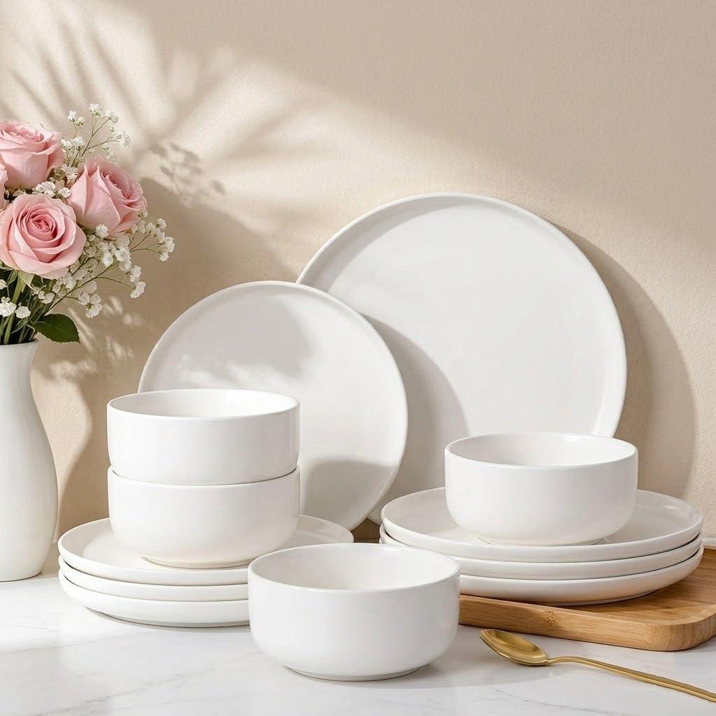 LERATIO Stoneware Dinnerware Sets for 4,Handcarft Ceramic Plates and Bowls Sets,Chip and Scratch Resistant Dishes, Dishwasher & Microwave Safe, Oven safe,Reactive Glaze-White
