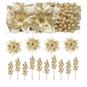 24 Pieces Christmas Tree Decorations, 12 PCS Gold Poinsettia Flowers Artificial and 12 PCS Glitter Christmas Tree Picks for Christmas Decorations Party Wreath Fireplace Stairs, Gold