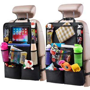 Backseat Car Organizer, Kick Mats Back Seat Protector with Touch Screen Tablet Holder, Back Seat Organizer for Kids, Travel Accessories with 9 Storage Pockets 2 Pack, Black