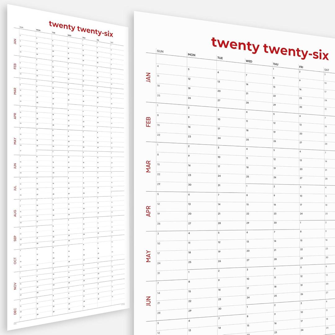 2 x Large Wall Calendar 2026 (39 x 17 inches - Rolled) Dry Erase Calendar for Wall, Erasable Wall Planner, Vertical Layout, Quality Large Print, Gloss Lamination, Minimalist Design.