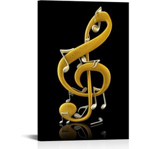 Music Note Treble Clef Canvas Wall Art Golden Music Studio Room Wall Decor, 24"L x 16"W