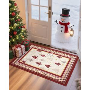 GarveeHome 2x3 Christmas Rug for Entryway Non Slip, Christmas Tree and Snowflake Print Kitchen Rugs Washable Area Rug, Low Pile Soft Red and Beige Holiday Decor Small Carpet for Entrance Indoor Christmas Beige