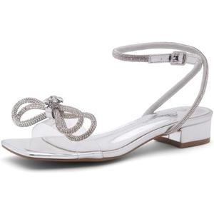 Shoe Land Women's Low Heels Dressy Sandals for 2025-1 Inch Chunky Block Short Heels | Square Open Toe with Adjustable Ankle Strap | Wedding & Party Heeled Sandals