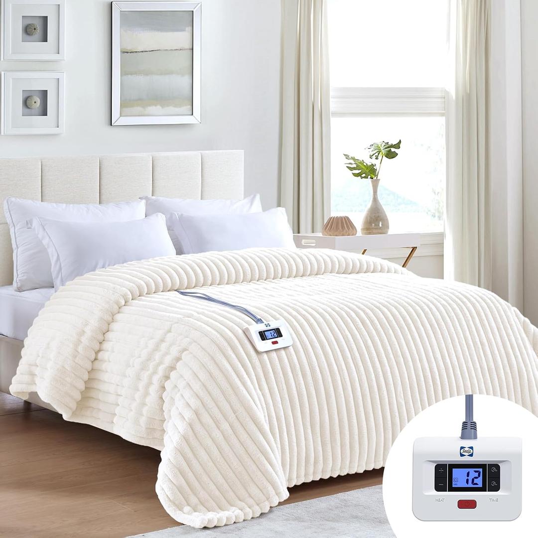 Sealy Electric Blanket Twin Size 62"*84",Super Cozy Faux Fur to Sherpa Reversible Heated Twin Blanket with 10 Heating Levels & 1-12 Hours Auto Off Overheating Protection Machine Washable,Beige