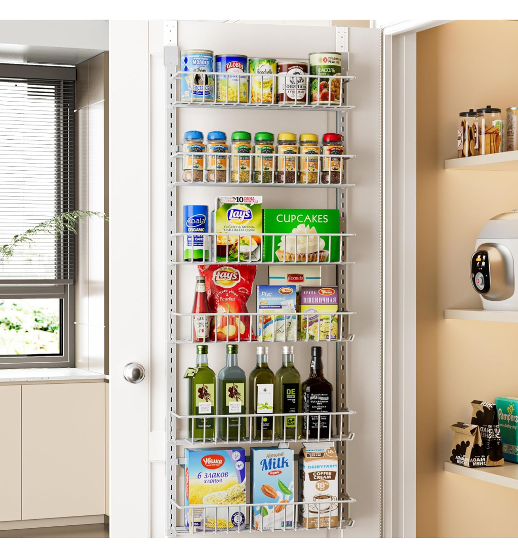 Delamu Adjustable Cabinet Door Organizer, 6-Tier Hanging Spice Rack Organizer, Metal Over the Door Pantry Organizer, Pantry Organizers and Storage Shelves for Kitchen Bathroom Laundry Room, White M