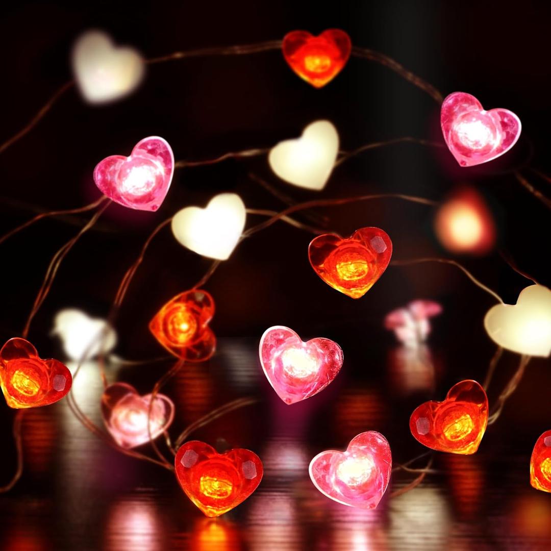 Valentines Day Decor 10FT 30 LED Valentines Decorations Red Pink White Heart String Lights Battery Operated, 8 Light Modes Valentines Day Lights Fairy Light Romantic Valentine's Decor Home Table Party, Red Pink White