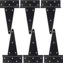 10 Inch T-Strap Gate Hinges, Heavy Duty Shed Door Hinges, Black Tee Hinges for Wooden Fences, Yard Gates, Rustproof Wrought Iron Hardware, 6 Pack