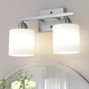 Stainless Steel Milk Glass Vanity Lights for Bathroom, 2 Light Brushed Nickel Bathroom Light Fixtures Over Mirror, Ceramic E26 Sockets Wall Mounted Stainless Steel Milk Glass Vanity Lights for Bathroom, 2 Light Brushed Nickel Bathroom Light Fixtures Over Mirror, Ceramic E26 Sockets Wall Mounted