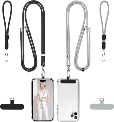 takyu Phone Lanyard, 2 Pack Adjustable Cell Phone Lanyard Crossbody Neck Strap & 2 Pack Phone Wrist Strap with 2 Pcs Tether Tabs Compatible for iPhone Android Smartphones-Black Grey