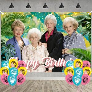 Cartoon Girl Birthday Party Decoration,Golden Women Party Photo Background 5 x 3 FT and 18 Pcs Balloon,Merch Party Backdrop Supplies