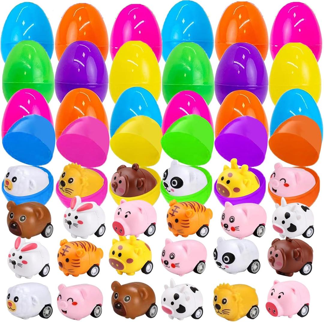 euoloar 24 PCS Prefilled Easter Eggs With Animal Pull Back Car, Filled Easter Eggs for Easter Hunt Game Basket Fillers Kids Party Favors