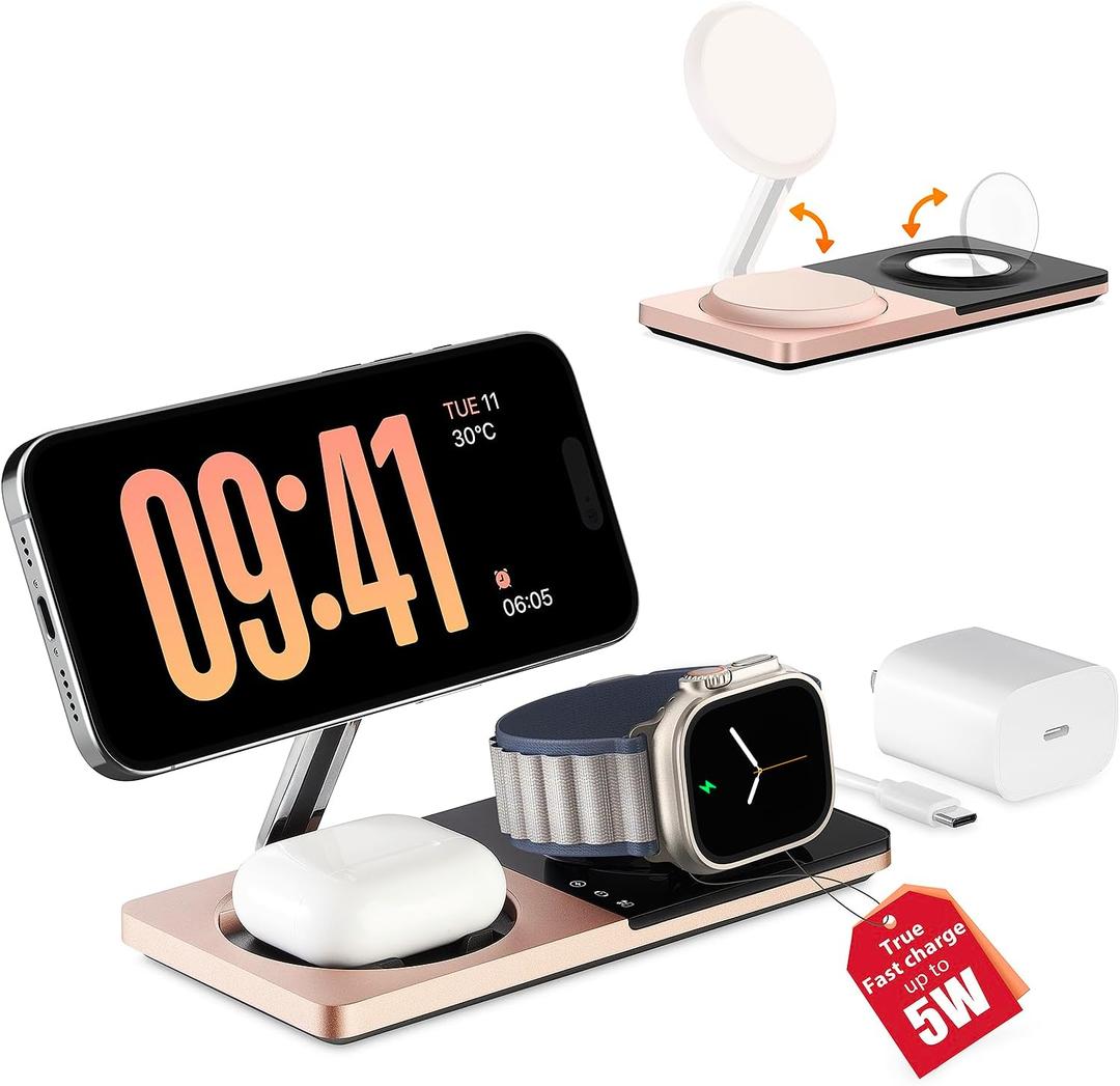 3 in 1 Wireless Charging Station for Apple Devices with MagSafe | For iPhone 17/Air/16/15/14/13/12, AirPods & Apple Watch, Foldable Portable Aluminum Charging Stand, Adapter Included  Golden