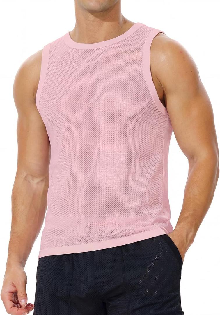 Men's Mesh Workout Tank Top Fitted Sleeveless Shirt for Casual Gym Muscle Training (Pink, XXL)