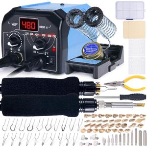 WEP 939D-II 2-IN-1 Wood Burning Kit 86-IN-1 with 51 Solid Points and 20 Wire Nibs Wood Burner with 2 Letter Number Stencils, 2 Unfinished Wood, 1 Pen Holder, Burning Tool