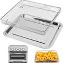 YQL Stainless Steel Air Fryer Basket and Tray Set, Compatible with Cuisinart TOA-60 TOA-65 TOA-70, Mesh Wire Rack & Baking Pan Replacement for Convection Toaster Oven, Dishwasher Safe