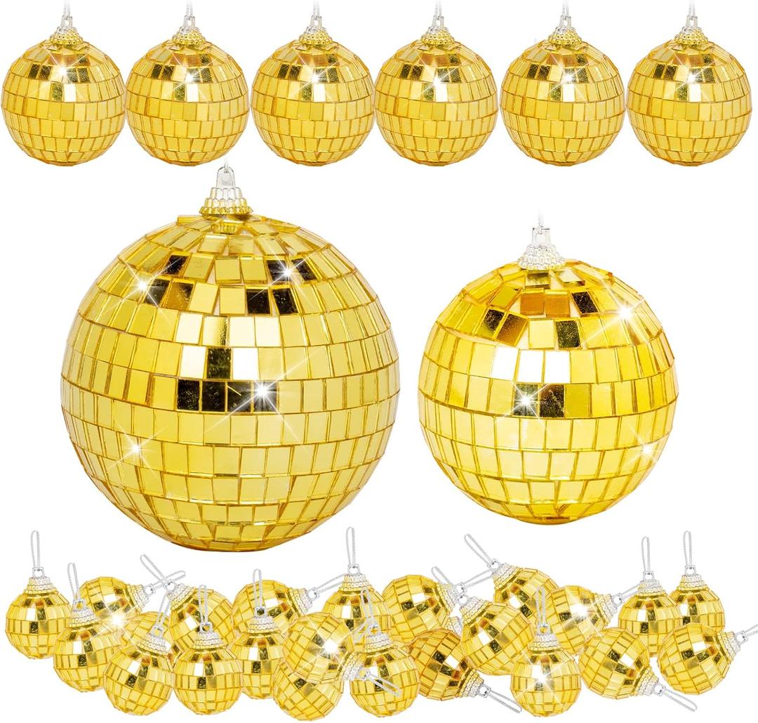 32 Pack Mini Disco Balls Decorations Different Sizes Mirror Ball with Hanging String Small Disco Ball Ornament for Disco Theme Party Cake Topper DJ Club Christmas Wedding Home Decor (Gold)