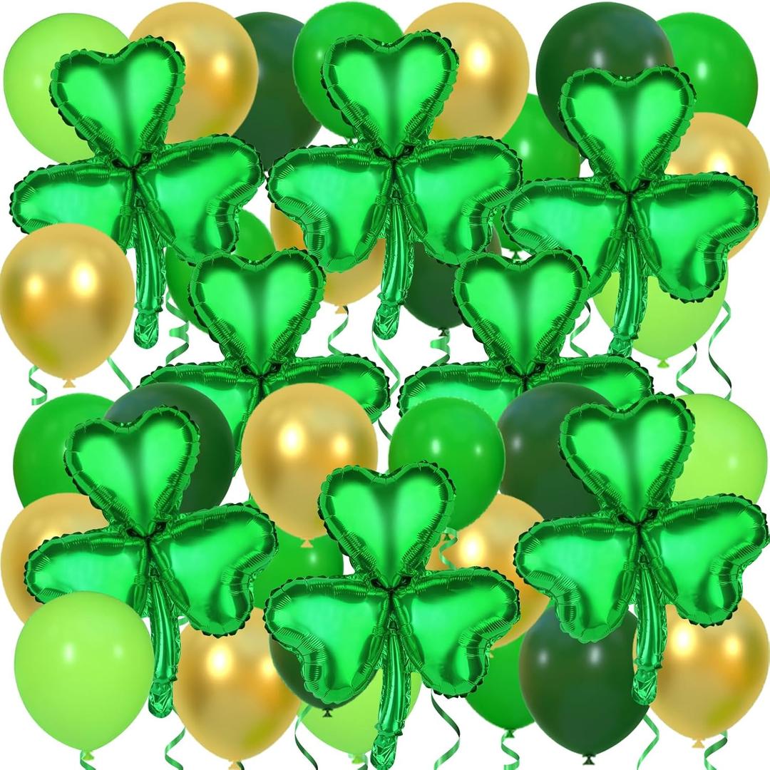ASTARON St Patricks Day Decorations Green Shamrock Balloons Set Irish Decor for Home, Foil Clover Balloons Green Balloons Kit Irish Decorations for Party St Patricks Balloons