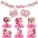Happy Mother's Day Decorations Set, Glitter Happy Mothers Day Banner Table Centerpieces Cake Toppers Sign Decor for Mothers Day Party Table Decor Supplies
