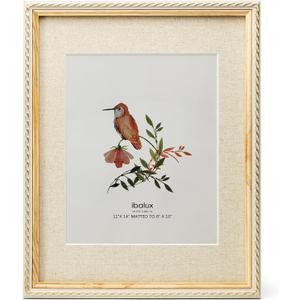 11x14 Picture Frame Pine Wood with Real Glass, Gold-Toned Synthetic Rope Edging, Linen Matted to 8x10, Vertical and Horizontal for Wall Hanging, Nature Brown