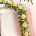 BLEUM CADE 6 FT Artificial Flower Garland with Lights, Fake Floral Garland with Champagne Rose, Faux Flower Garland Decorations for Wedding Centerpieces Backdrop Arch Party Room Wall Spring Decor (1Pack)