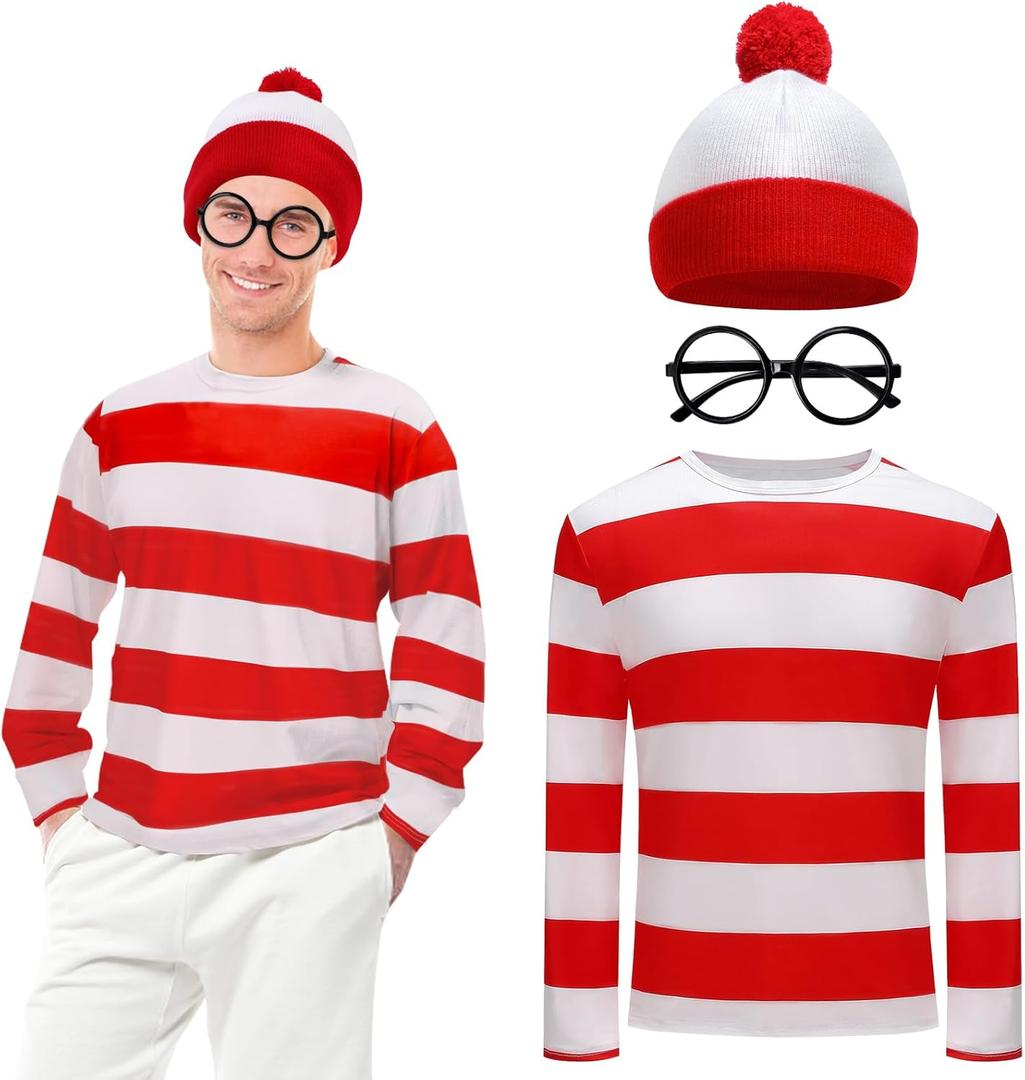 3 Pcs Halloween Costume Accessories Adult, Red and White Striped T-Shirt/Hat/Glasses for Men Cosplay Party Set (X-Large)