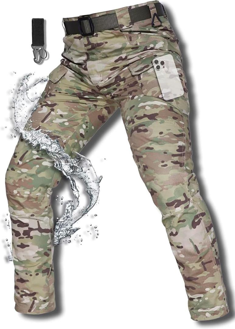 Men's Cargo Work Hiking Tactical Pants,10-Pocket,with Carabiner,Water Resistant,Lightweight Ripstop Outdoor Pants (36, Performance Camo)