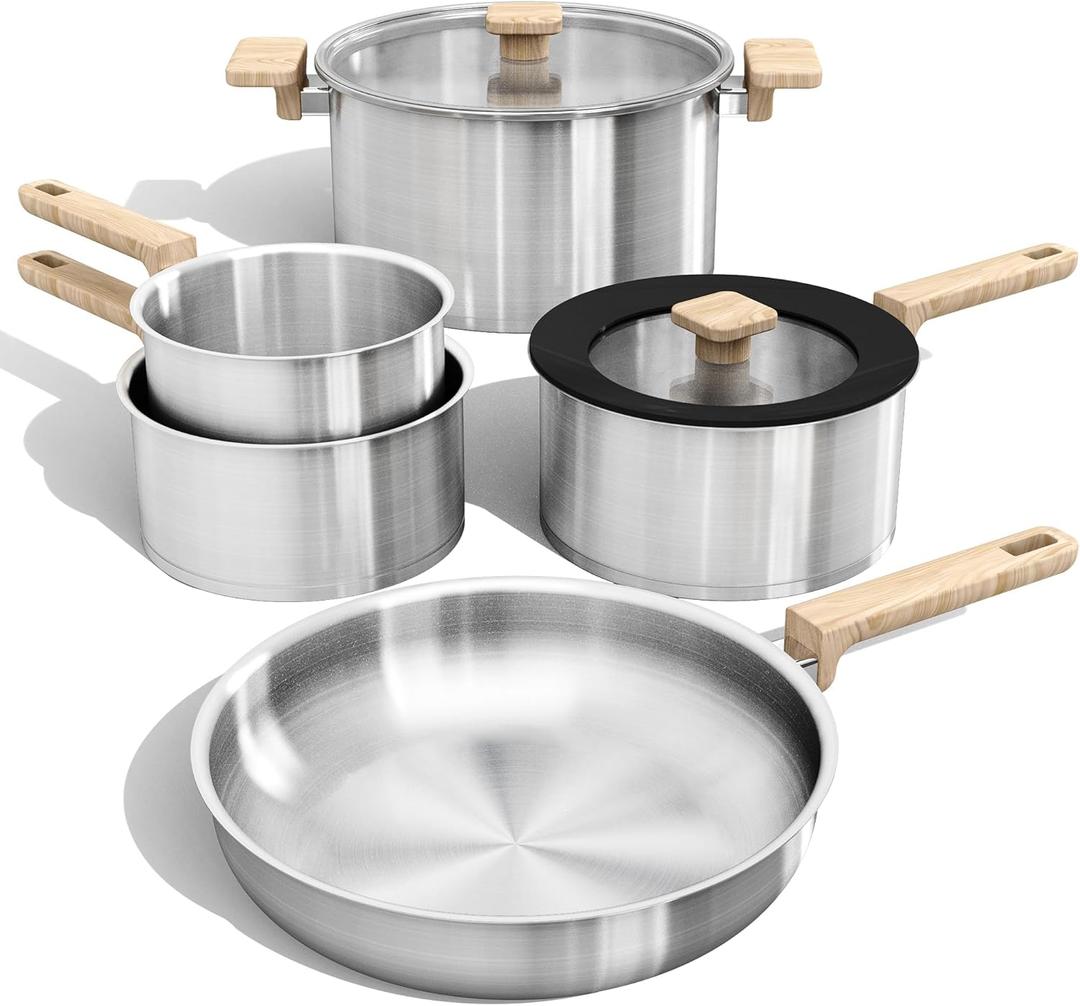 CAROTE Set of 7 Stainless Steel Cookware Set, 3-ply Base Induction, Stainless Steel Pots and Pans Set, Tempered Glass Lids, Induction Kitchen Cookware Sets, Stay-Cool Handles