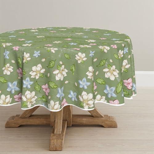 Horaldaily Spring Tablecloth 90×90 Inch Round, Elegant Turquoise‌ Magnolia Flower Washable Seasonal Table Cover for Party Picnic Dinner Decor