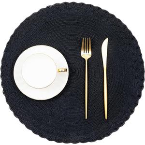 SHACOS Round Placemats Set Woven Round Table Mats 15 inch Braided Border Washable Cotton Polyester Circle Place Mats, Black