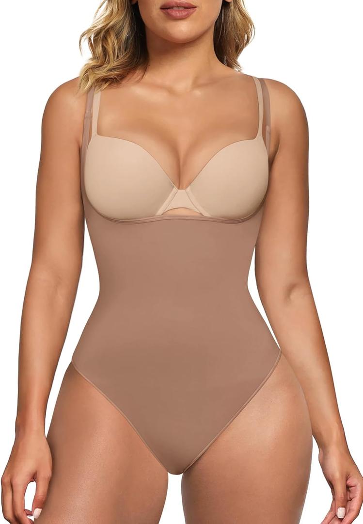 SHAPERX Open Bust Shapewear Tummy Control Bodysuits for Women Seamless Compression High Waisted Body Shaper (Small-Medium, Sienna(thong))