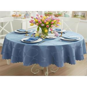 Newbridge Ribbons and Bows Damask Fabric Tablecloth, Blue, 60 x 84 Inch Oval, Wrinkle & Stain Resistant Table Cover