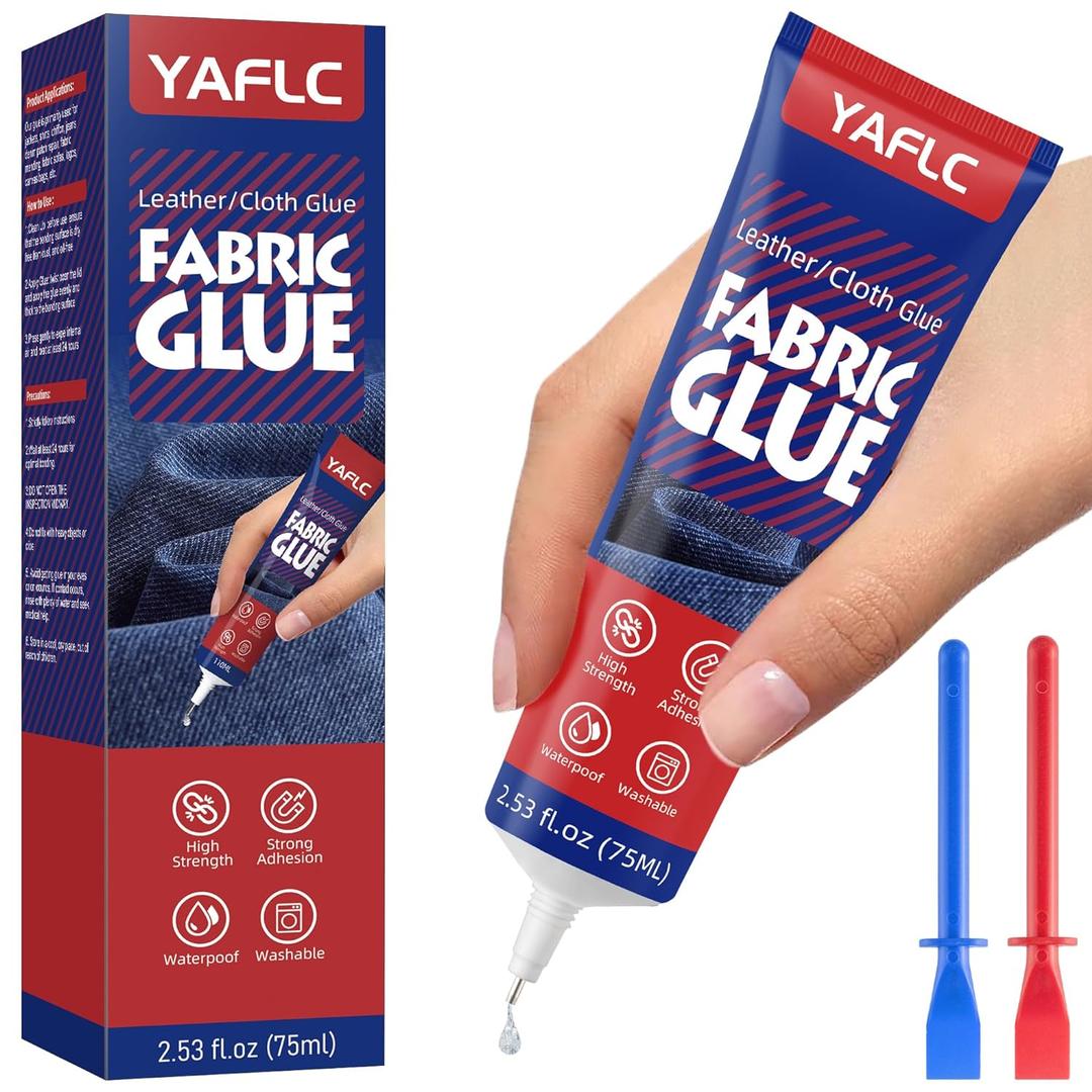 YAFLC Fabric Glue Permanent 75 ml, Fabric Glue for Patch, Clear Fabrics Adhesive for Clothing Permanent Washable, Leather Glues for All Fabrics, Cotton, Denim, Flannel, Polyester