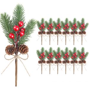 12PCS 8inch Pine Cone Red Berry Picks Stems Crafts Branch Christmas Wreath, Holly Artificial Evergreen Branches Tiny Pine Cones Picks Decor Floral Picks for Christmas Flower Wreaths DIY