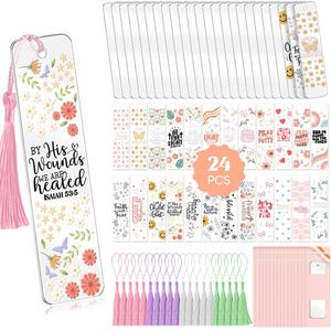 Kaciola 24PCS Acrylic Bookmark Blanks with 24PCS Faith Theme UV DTF Stickers and 4 Colors Tassels,Blank Bookmarks Waterproof UV DTF Transfers Stickers for DIY Crafts Hanging Tag Gift Bookmarks DIY