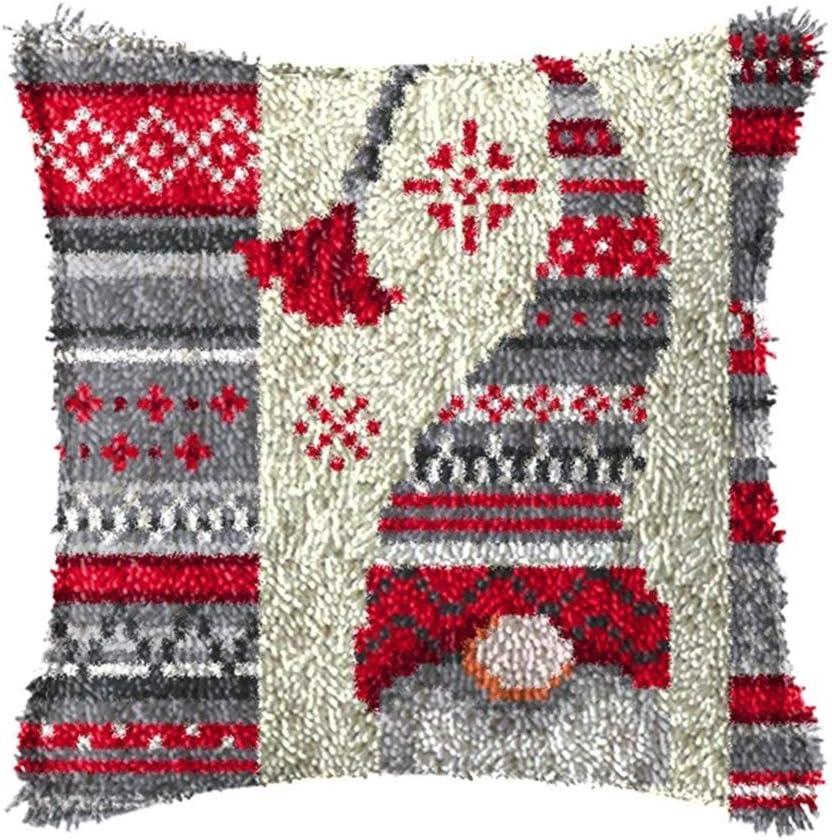 DL-YTG Latch Hook Kits Pillow Christmas Hat Crochet Yarn Cushion Colour Pre-Printed Canvas Rug Needlework DIY Pillowcase Hook and Latch Kit Home Arts Crafts Sofa Decoration 42x42cm/16X16inch