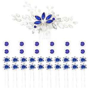 inSowni 33 Pack Royal Blue Rhinestone Pearl Crystal Leaf Flower Bridal Hair Side Combs+Spiral Gems Hair Clips+U Shaped Hair Pins Wedding Headpieces Accessories for Women Girls Brides Bridesmaids