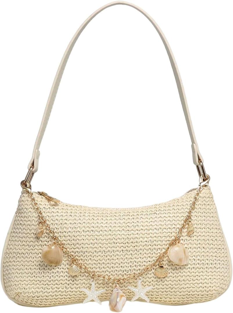 GORGLITTER Women's Boho Seashell Beaded Bag Woven Straw Bags Summer Clutch Purse (Beige)