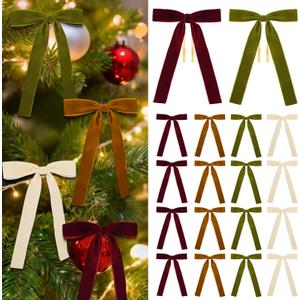 18 Pcs Burgundy, Olive Green, Camel, Beige Velvet Bows for Christmas Tree  Rustic Velvet Christmas Tree Bows, Holiday Decorations for Garland Wreath Bow (5 * 7", 1" Wide)