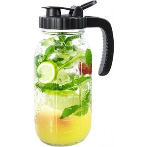 Glass Mason Jars Pitcher With Spout Lids 2 Quart Airtight Breastmilk Pitcher For Fridge Half Gallon Wide Mouth Water Jugs 64 Oz With Top Flip Cap for Cold Coffee, Ice Sun Tea,Lemonade Leakproof (Black)