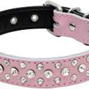 Rhinestones Dog Collar, Adjustable Sparkly Crystal Studded Genuine Leather Pet Dog Collar for Small and Medium Dogs (L, Pink)