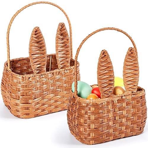 Gerrii 2 Pcs Easter Basket with Handle Bunny Easter Woven Picnic Basket for Kids with Cute Rabbit Ears Rattan Gift Wicker Wine Woven Empty for Candy Storage Toy Girl Party Supplies