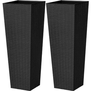 Greesum 32 Inch Tall Plastic Planters with Rattan Texture  Set of 2, Detachable Inner Pot & Drainage Holes, Indoor/Outdoor Decorative Flower Pots for Large Plants, Trees, Patio, and Garden, Black