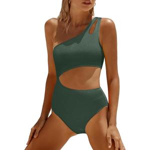 Yonique Cutout One Piece Swimsuit Women - One Shoulder Bathing Suit Ribbed Swimwear 2025 Monokini,  Medium, Green