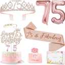 75th Birthday Gifts Decorations for Women, Including 75 year old Cake Topper, Birthday Queen Sash with Pearl Pin, Sweet Rhinestone Tiara Crown, Number Candles and Balloons Set, Rose Gold