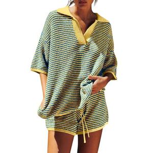 Tankaneo Womens Sweater Set 2 Piece Outfits Oversized 3/4 Sleeve V Neck Knit Tops High Waisted Shorts Lounge Sets, L