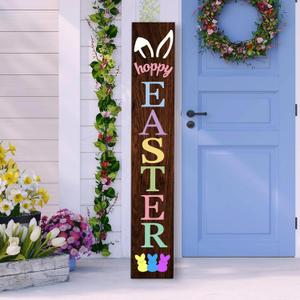 Happy Easter Wooden Porch Sign 47" Bunny Large Welcome Sign Vertical Indoor Outdoor Standing Sign For Garden Home Yard Farmhouse (Brown)