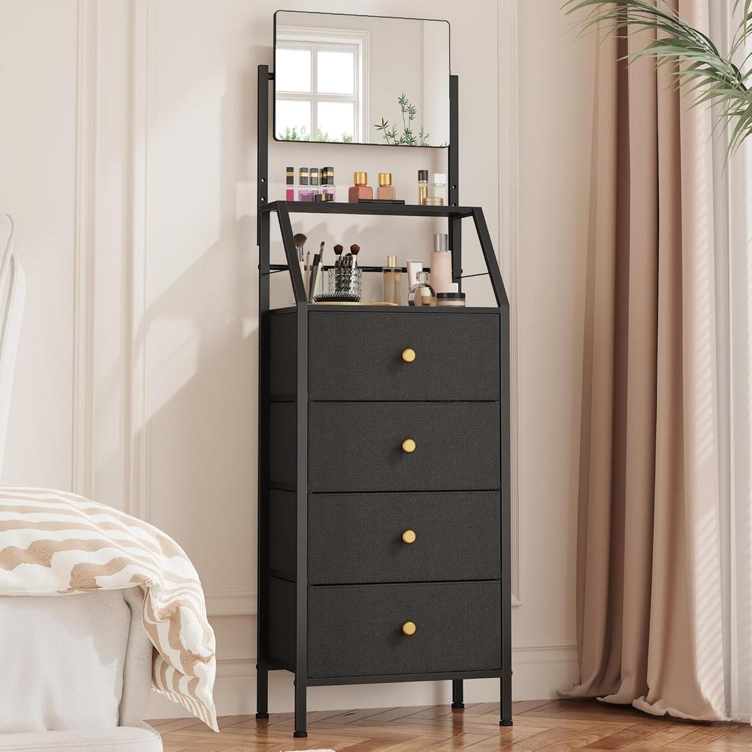 HIGDBFE Dresser with Mirror, 4 Drawers Dresser with 2Tier Shelves, Freestanding Fabric Chest of Drawers for Small Space, Tall Narrow Nightstand Vanity for Bedroom, Hallway, Dorm, Black, 15.3" W